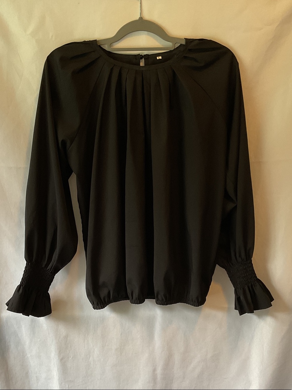 Black Long-Sleeve Smocked Cuff Women's Blouse